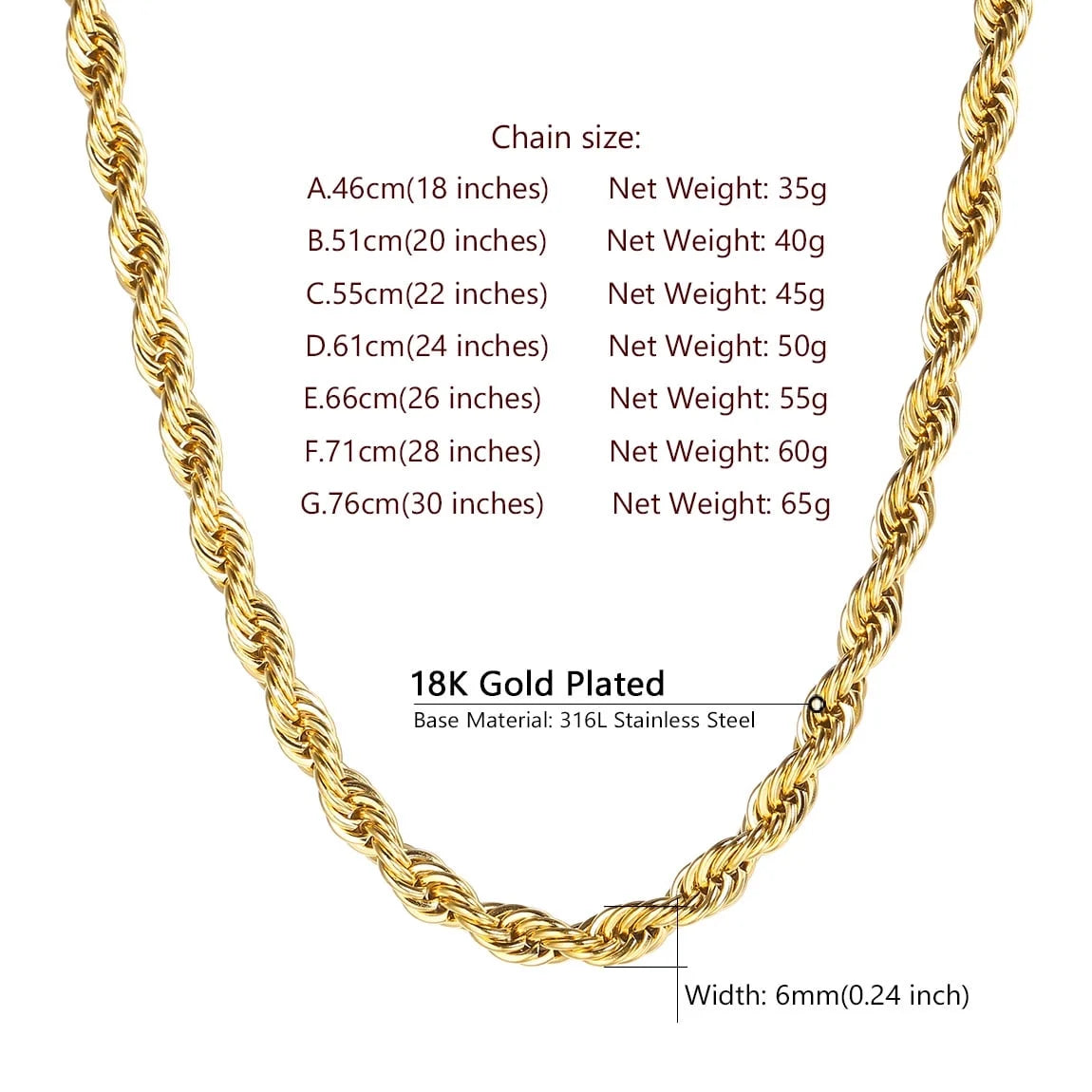 Men Necklace 18K Gold Plated Replacement Rope Chain for Men Gift 6Mm 20Inches 316L Stainless Steel