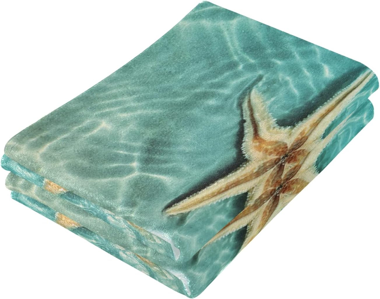 Starfish and Seashell Face Towel Set of 2, Summer Hand Towel Dish Towels Beach Towels Bath Kitchen Decor Set, 30X15