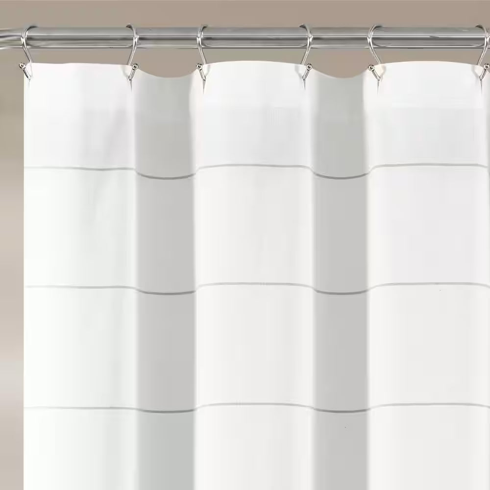 72 In. X 72 In. Gray Stripe Yarn Dyed Tassel Fringe Woven Cotton Shower Curtain