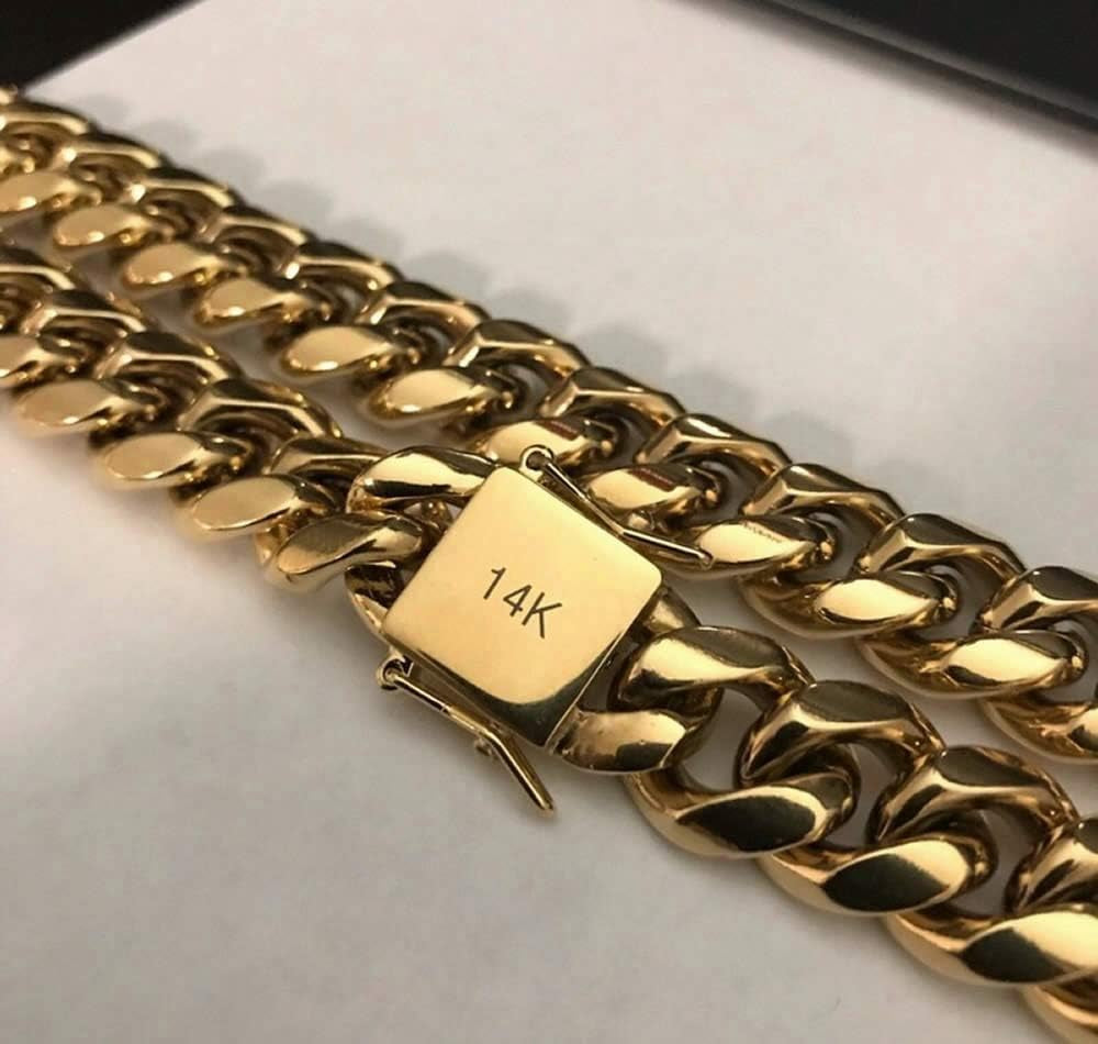 316L Stainless Steel Miami Cuban Link Chain 14K or White REAL Gold Plated Hip Hop Necklace or Bracelet 8Mm-18Mm for Men Women(Custom Box and Pouch Packing, Christmas Gift)