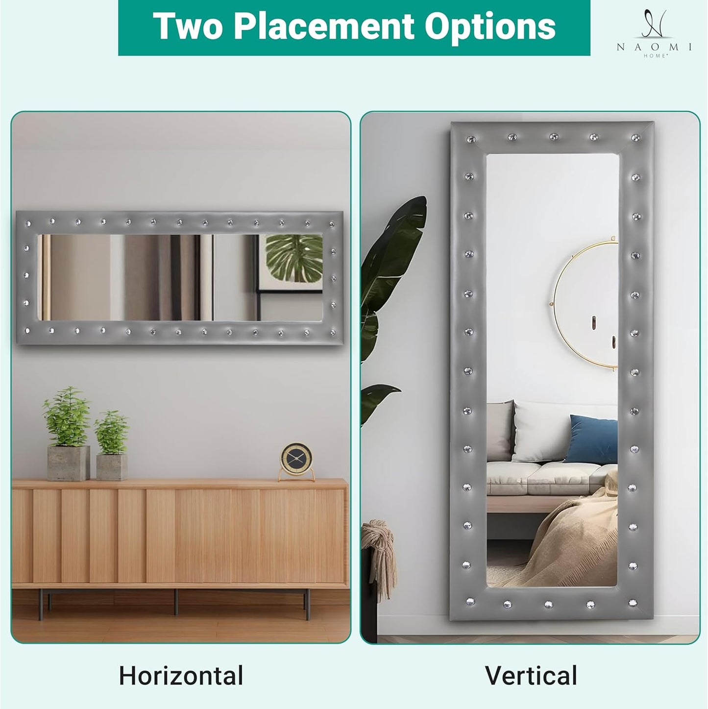 Crystal Tufted Floor Mirror Full Length, 63" LX22 W Wall Mirror, Standing Mirror,Wall Mirror with Faux Wood Frame, Full Length Mirrors for Bedroom - Gray