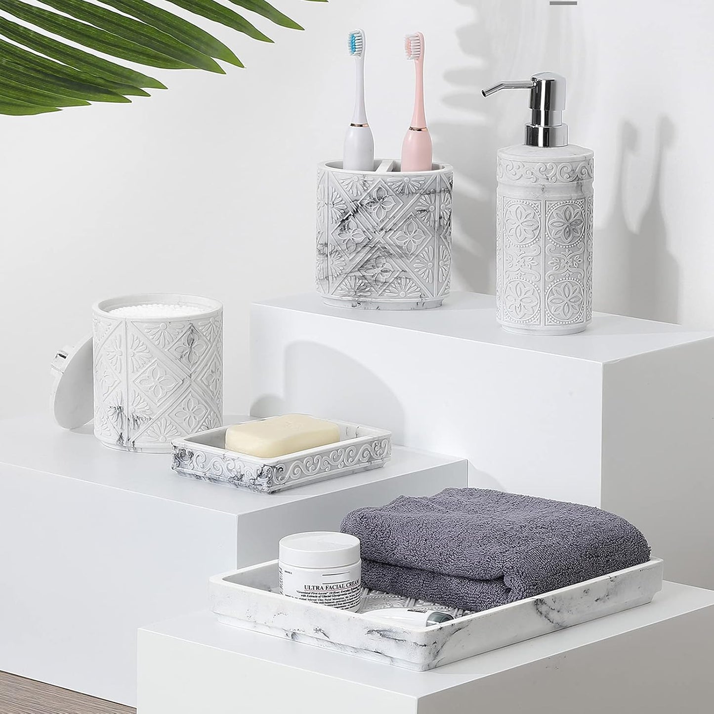 Bathroom Accessory Sets 5 Pcs, 3D Resin Vanity Tray, Toothbrush Holder Cup, Soap Dish, Cotton Swab Holder, Soap Lotion Dispenser, Home Decor Bath Counter Accessory Completes, Marble White