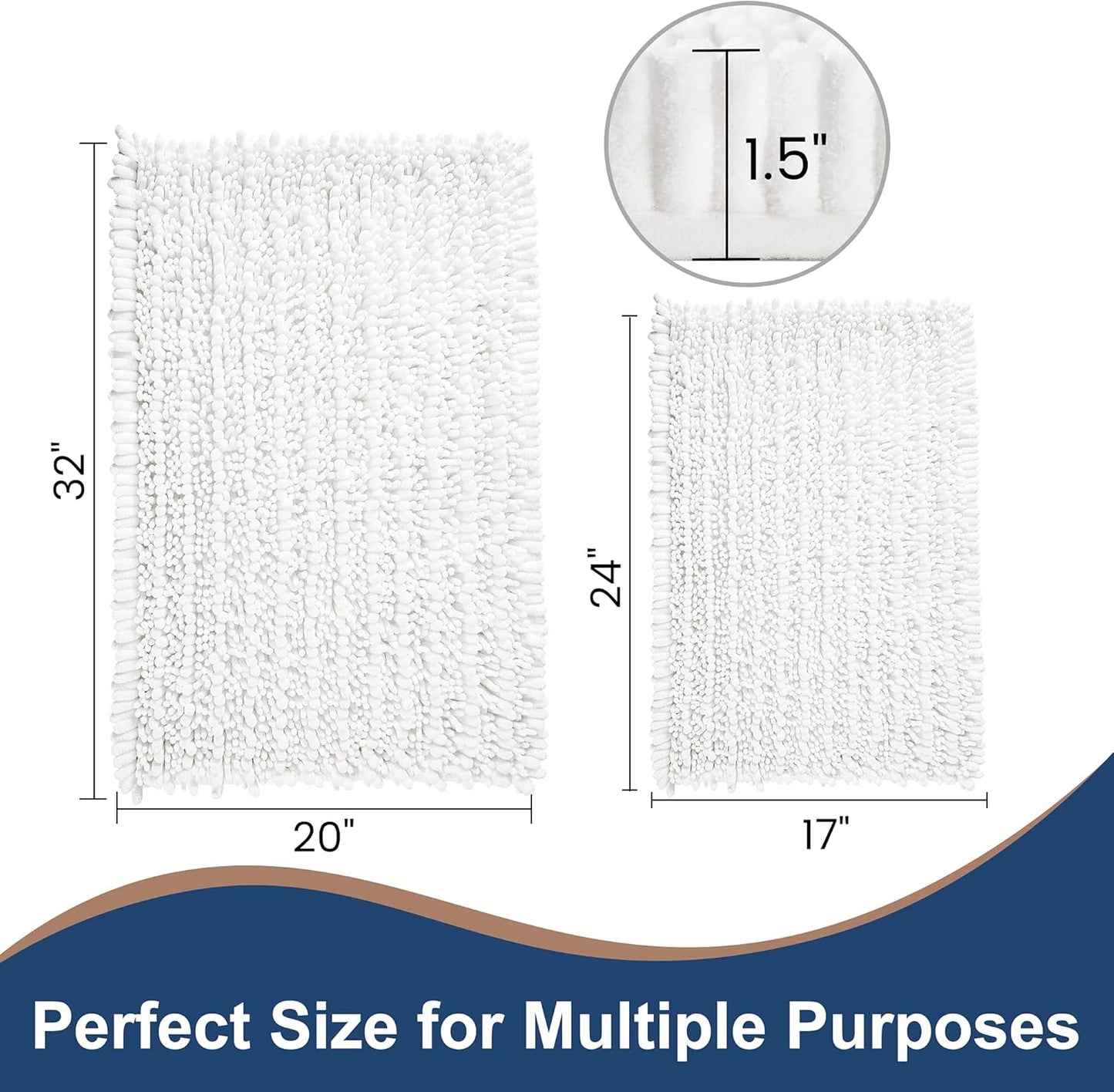 Luxury Chenille White Bathroom Rugs Sets 2 Piece, Thickened Hot Melt Rubber Bottom Bath Mats for Bathroom Non Slip,Bath Rugs Quick Dry Machine Washable for Shower Mat (32"X20"+17"X24")
