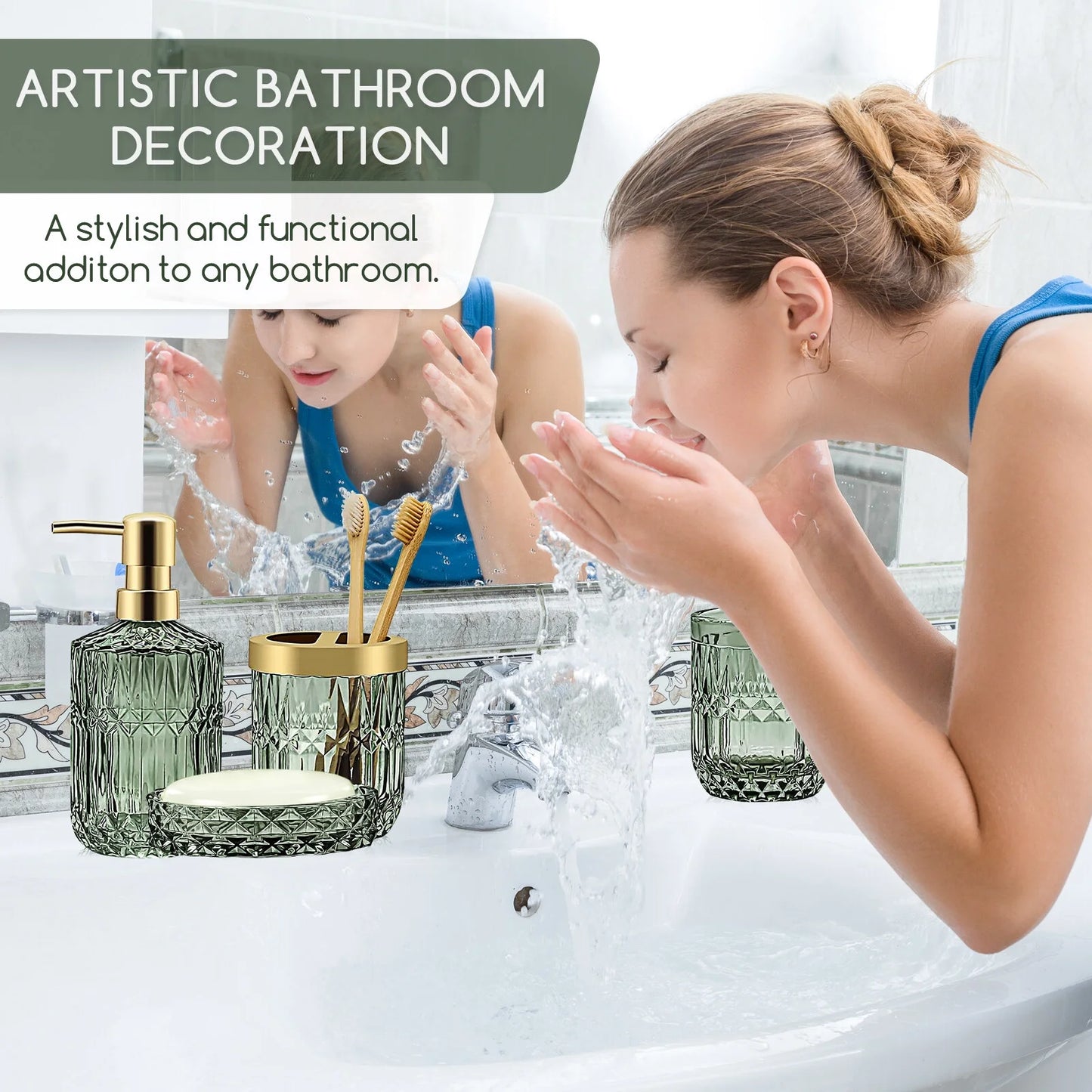 5Pcs Bathroom Accessories Set, Modern Glass Bathroom Accessories with Lotion Soap Dispenser, Soap Dish, Toothbrush Holder, Tumbler, Cotton Swab Jars, Perfect for Bathroom Theme Gift,Green