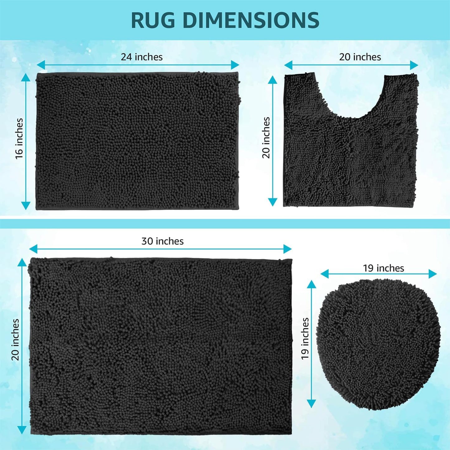 4-Piece Bathroom Rug Set - Soft Chenille Mats, Non-Slip Toilet Mat & Lid Cover for Comfort & Style (20X20 U, 16X24, 20X30 & 19X19 Inches, Black)