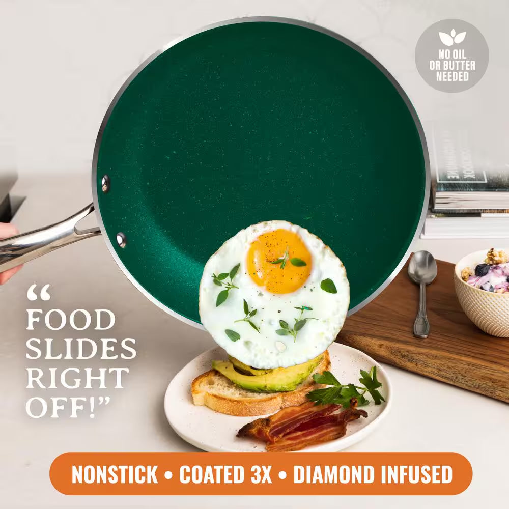 15-Piece Aluminum Ultra-Durable Non-Stick Diamond Infused Cookware and Bakeware Set in Emerald Green
