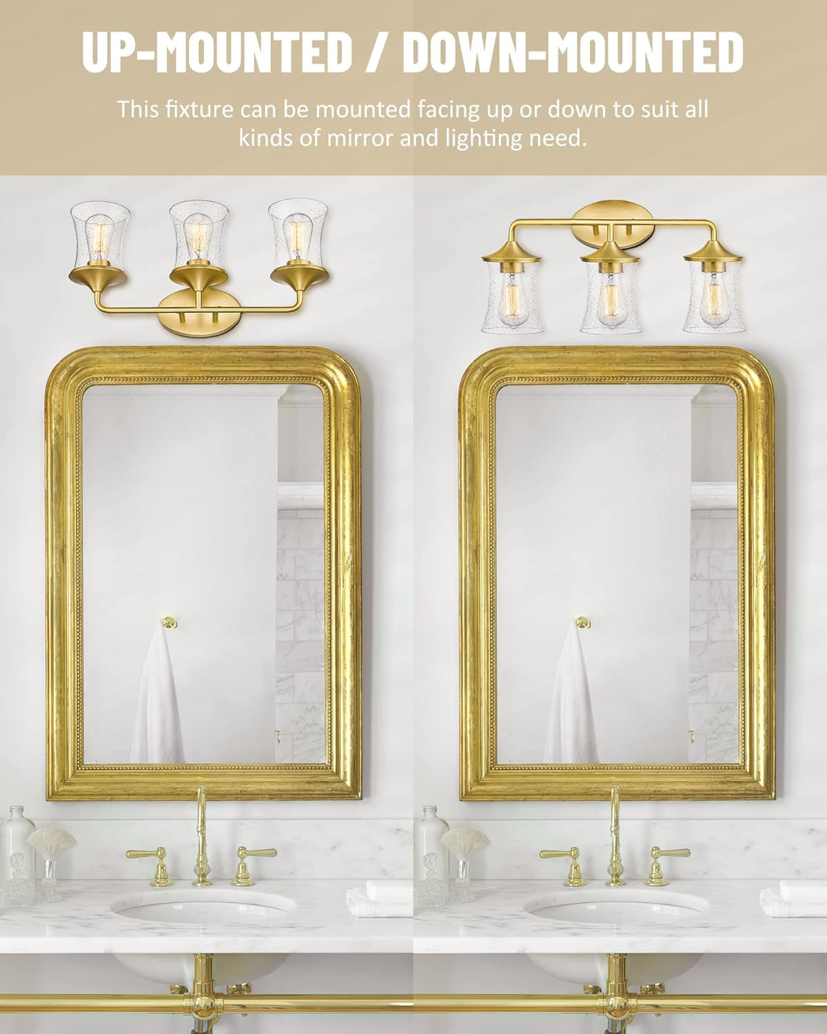 Brushed Gold Bathroom Light Fixtures, Vanity Lights for Bathroom with Seeded Glass Shade for Bathroom
