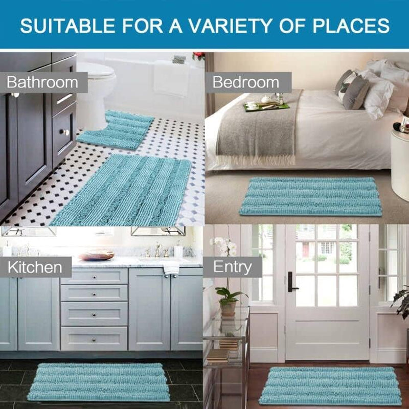 Bathroom Rugs Bath Rug Set 2 Piece Bathroom Contour Rug Toilet Mat Sets Non Slip Contour Bath Rug Ultra Thick Water Absorbent Striped Bath Mats(36" X 24" plus 20" X 24" U, Aqua Haze)