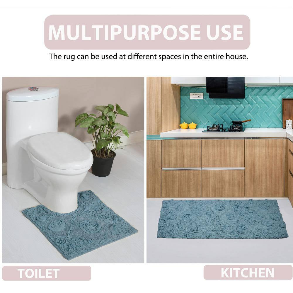 Modesto Bath Rug 100% Cotton Bath Rugs Set, 4-Pcs Set with Runner, Blue