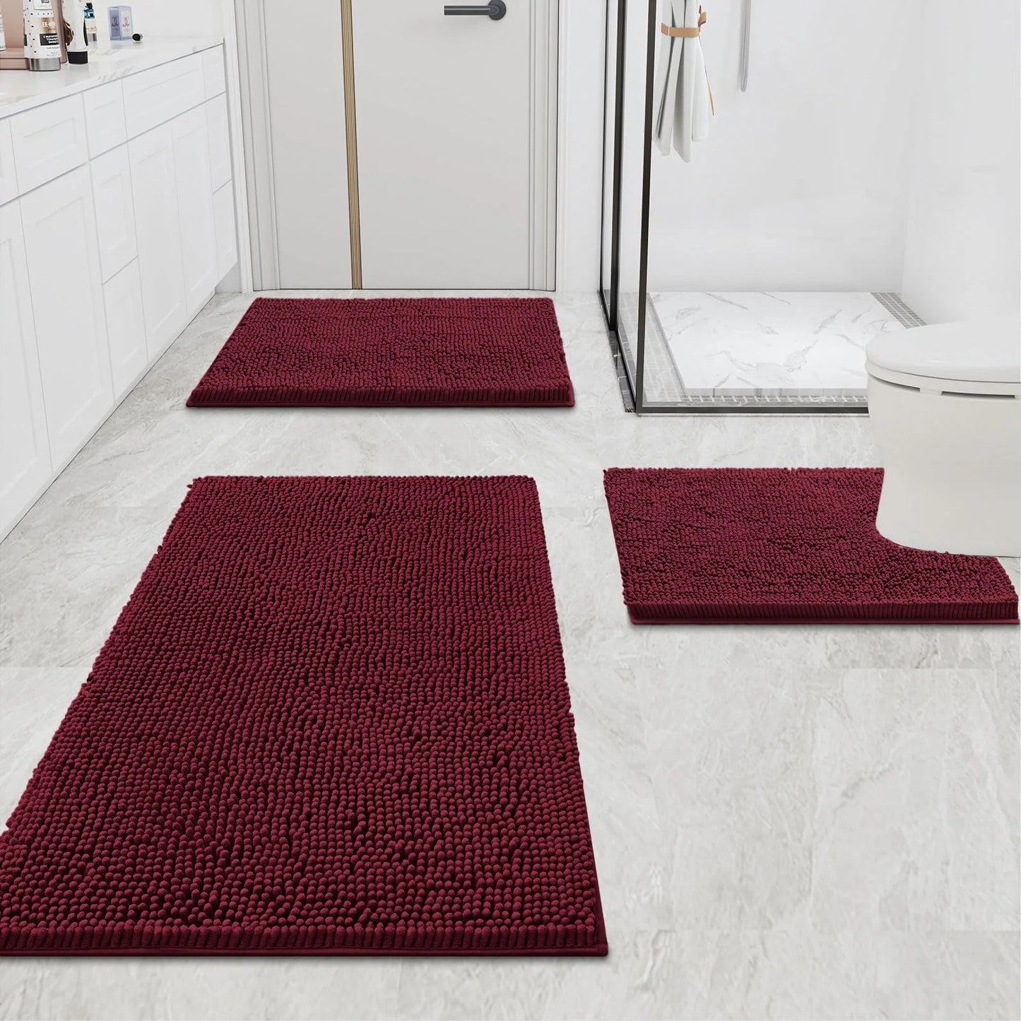 Luxury Chenille Bathroom Rugs, Extra Soft and Absorbent Bath Mat, Wine Red, 24"X47"