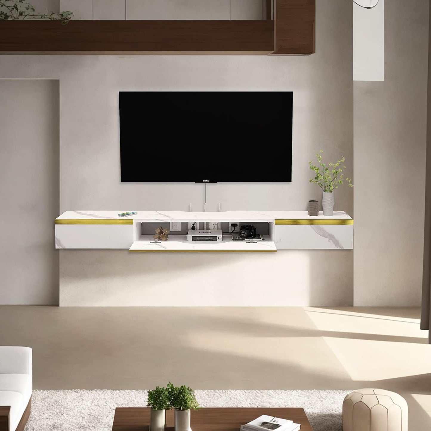 Floating TV Shelf with 3 Doors, 47'' Wall Mounted Wood Floating TV Console Entertainment Media Shelf TV Wall Unit with Storage for Bedroom Living Room(White)