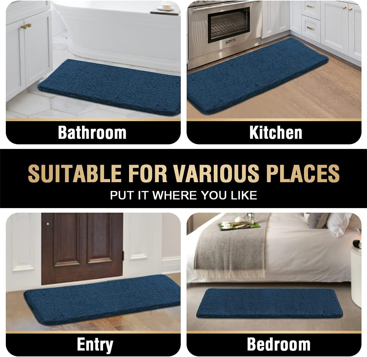 Bathroom Rug Tufted Bath Rug Bath Mat Non Slip Area Rug 47" X 17" Extra Soft Thick Absorbent Shaggy Kitchen Rug Indoor Mat Microfiber Bath Mat for Bathroom Fast Dry - Navy