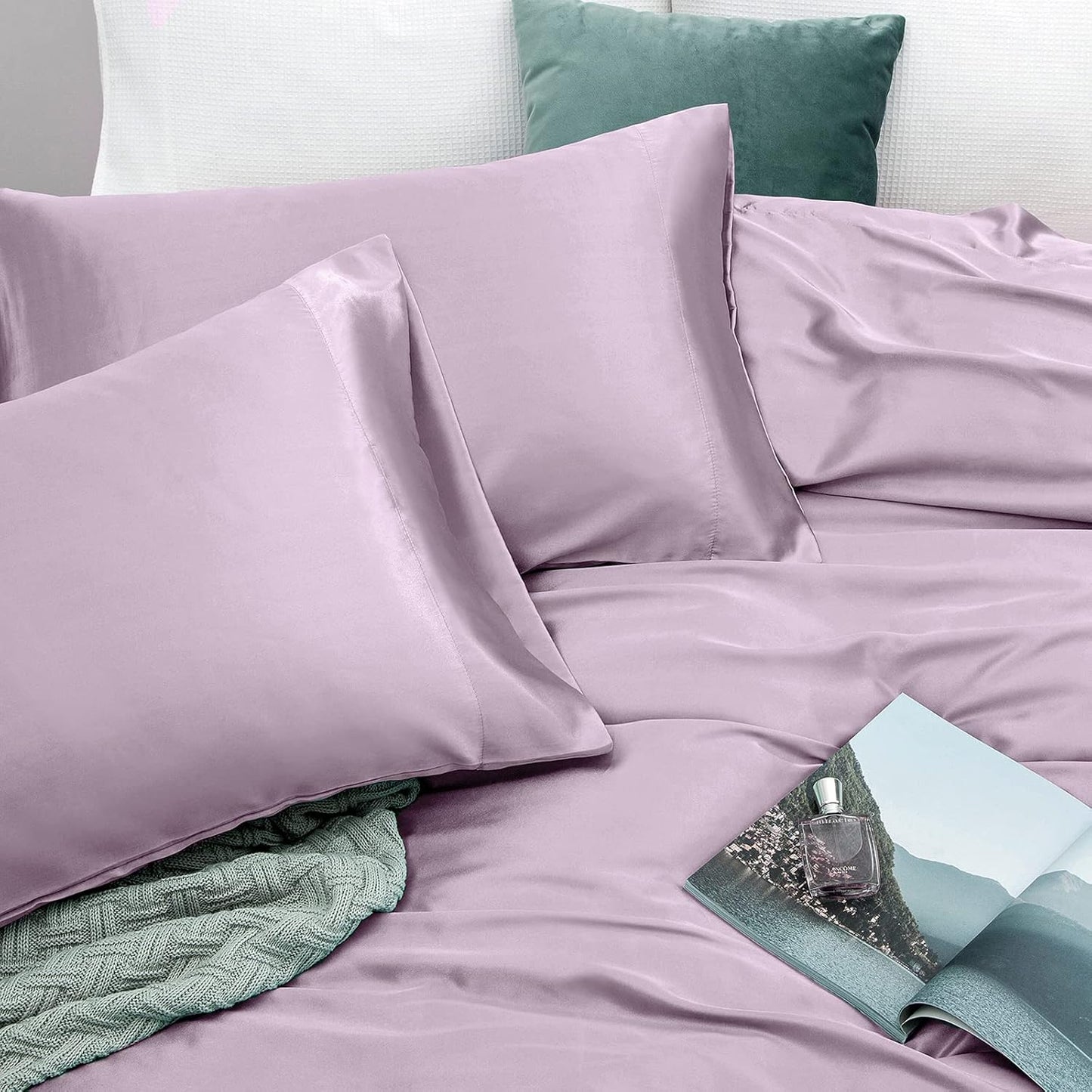 Satin Sheets Full Size Set - Luxury Lavender Satin Sheet Set, Fitted with Deep Pockets + Flat Sheet + 2 Pillowcases