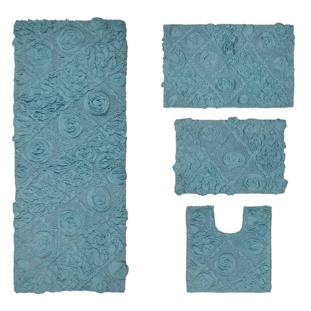 Modesto Bath Rug 100% Cotton Bath Rugs Set, 4-Pcs Set with Runner, Blue