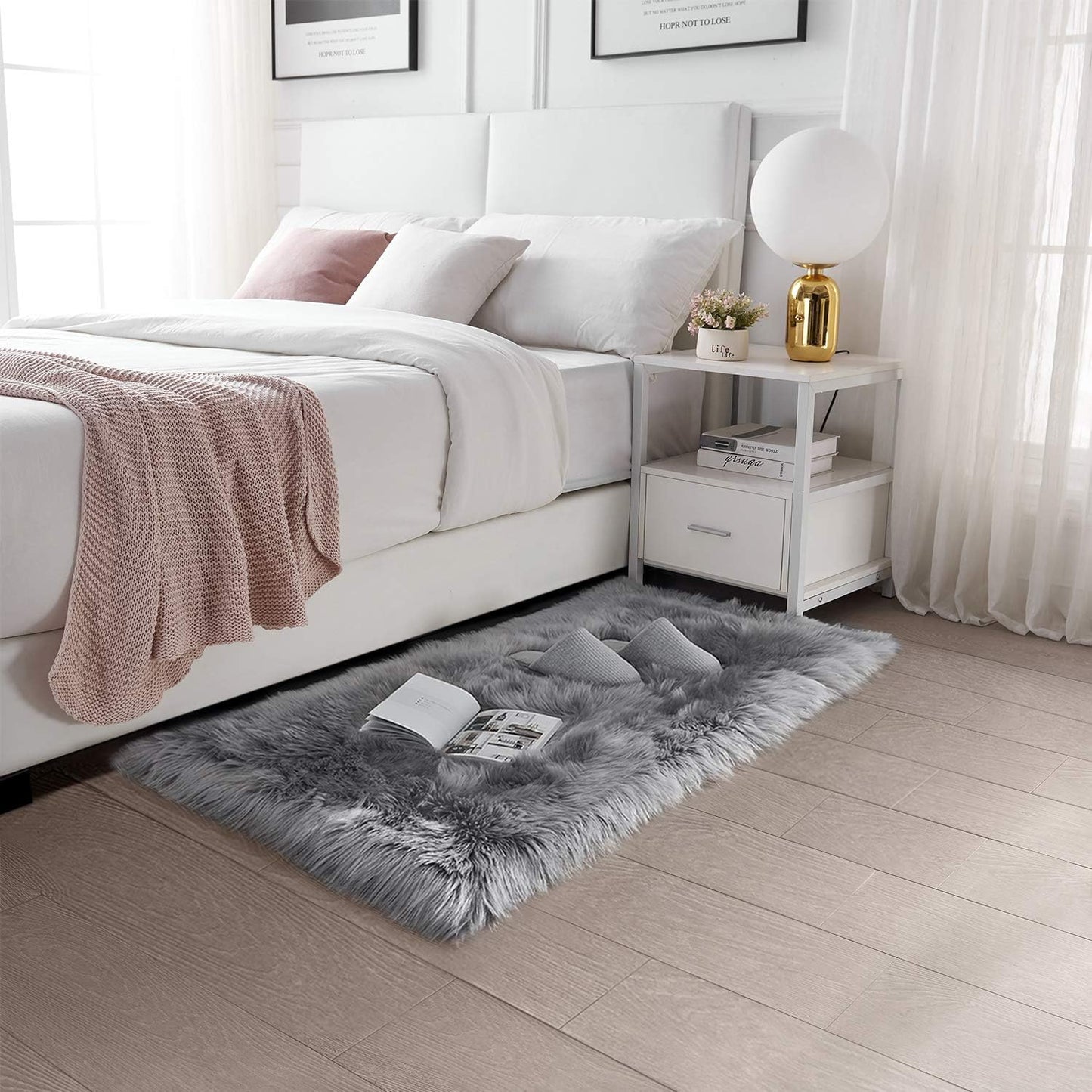 Ultra Soft Faux Fur Area Rug Grey Fluffy Rug Plush Chair Cover Seat Pad Fuzzy Carpet Furry besides Rug for Bedroom Floor Sofa Living Room 2X4 Feet (Rectangular, Light Grey)