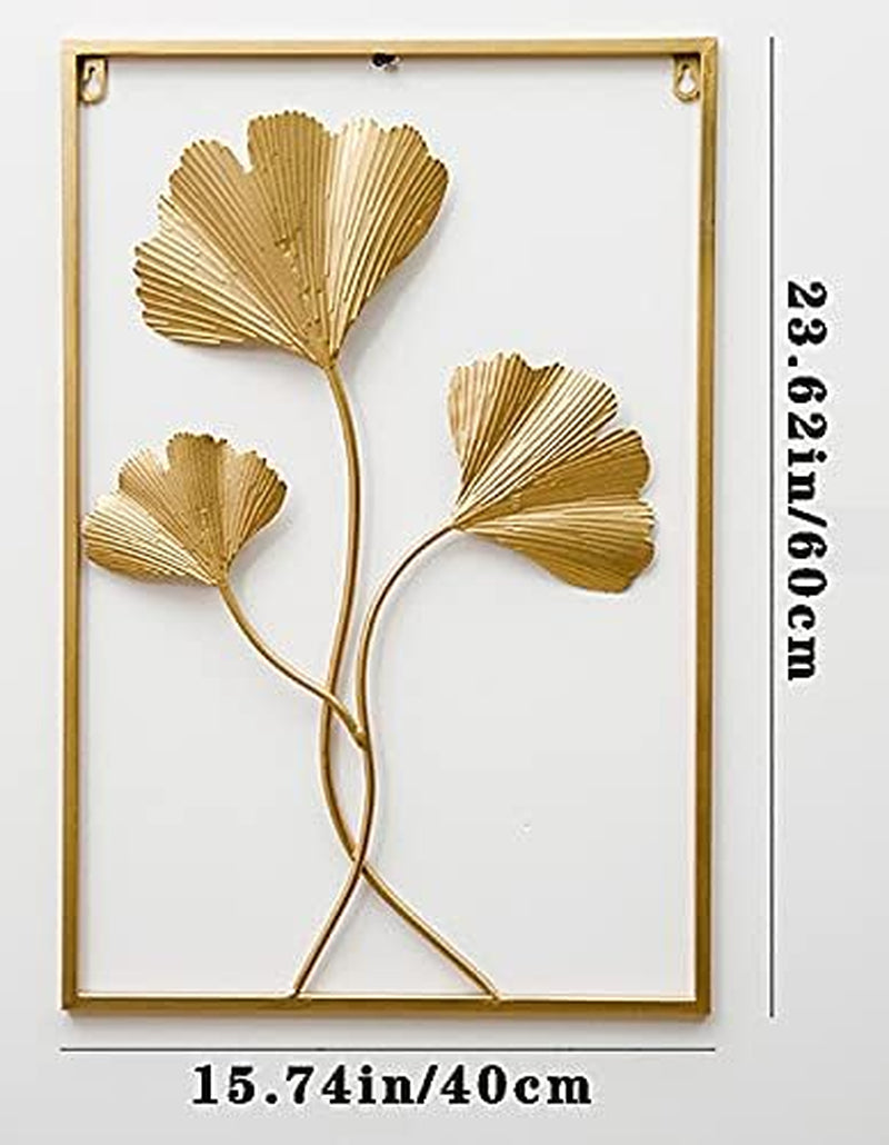 Gold Metal Wall Decor, 24" X 16" Gold Leaf Wall Decor with Frame, Golden Metal Ginkgo Leaf Wall Art Wall Sculpture for Living Room, Office, Home, Hotel