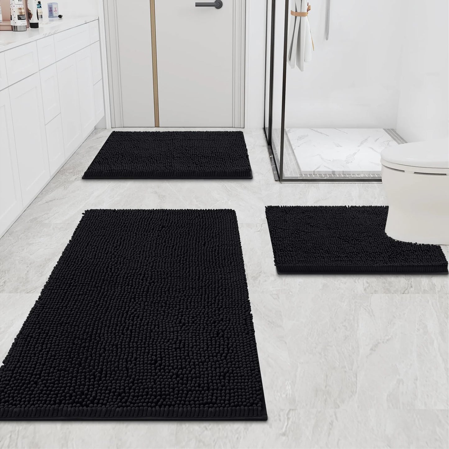 Luxury Chenille Bathroom Rugs, Extra Soft and Absorbent Bath Mat, Black, 24"X47"