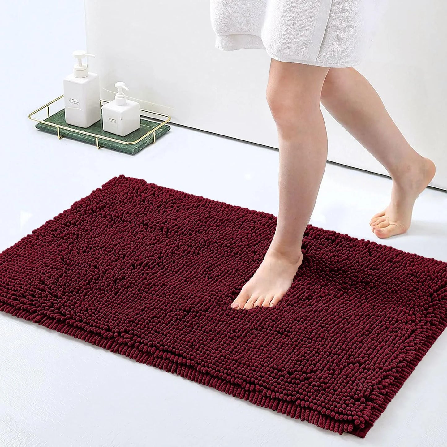 Luxury Chenille Bathroom Rugs, Extra Soft and Absorbent Bath Mat, Wine Red, 20"X30"