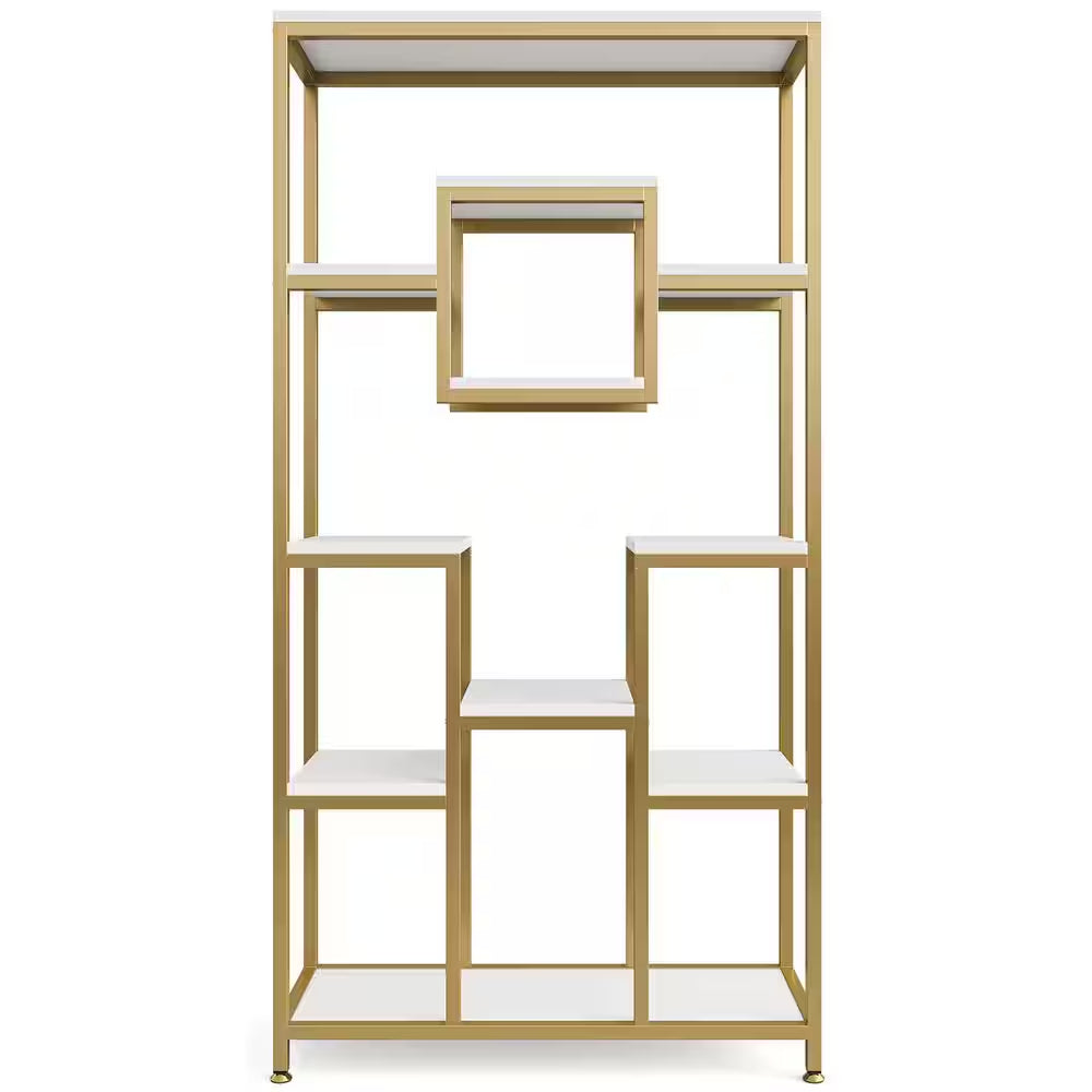 Frailey 71 In. Gold White Tall 11-Tier Large Open Display Bookshelf Geometric Cubed Bookcase Modern Storage Home Office