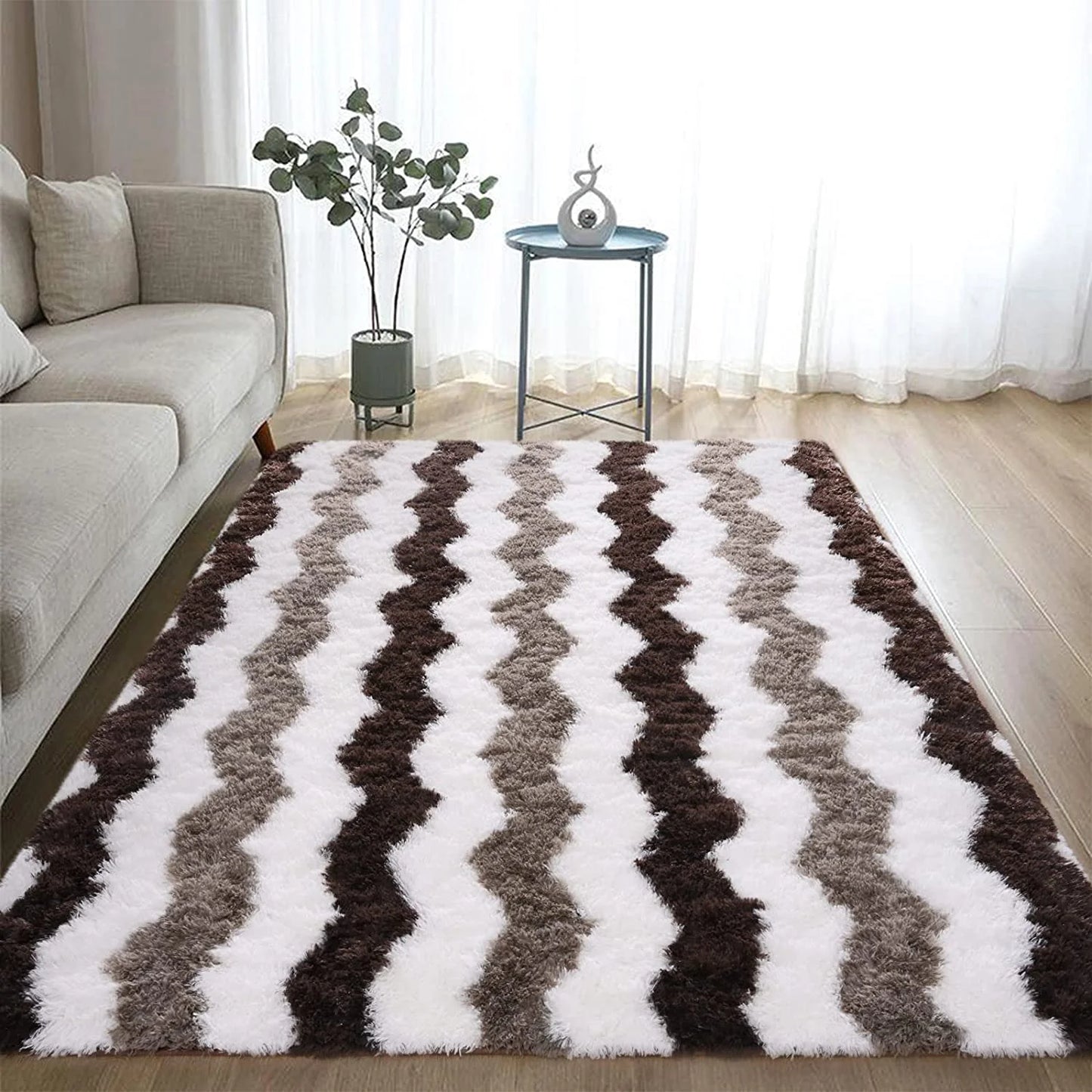 Soft Shaggy Rugs Plush Area Rugs for Living Room Bedroom Fluffy Carpets Home Decor,4X6Ft,Stripe Brown