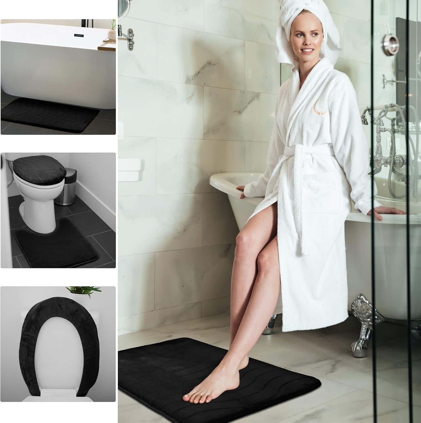 5-Piece Bathroom Rug Set - Memory Foam Bath Mat, Non-Slip, Machine Washable, Ultra-Soft, Water Absorbent, Black