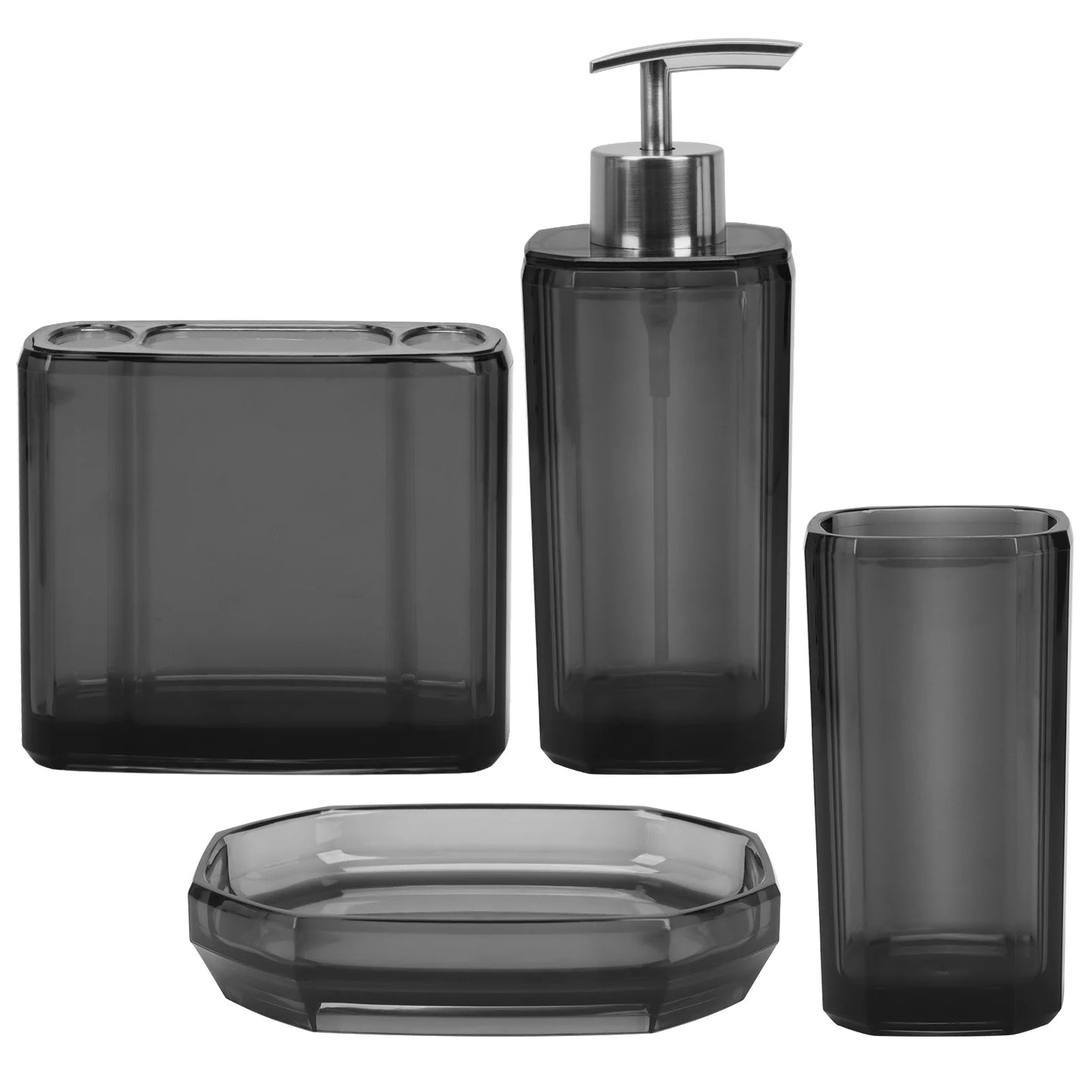 Bathroom Accessories Set, 4Pcs Elegant Acrylic Bathroom Decor, Grey Vanity Storage, Lotion Soap Dispenser, Soap Dish, Toothbrush Holder, Acrylic Tumbler, Home Essentials for Women