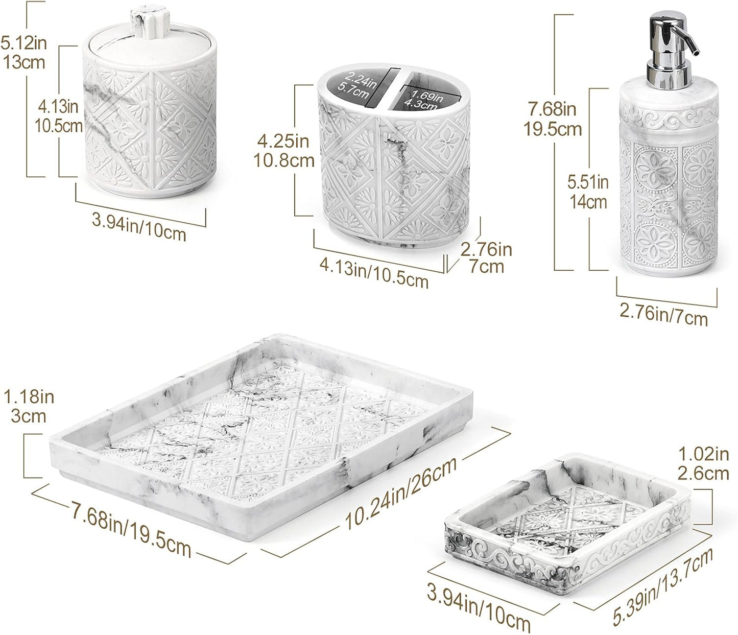 Bathroom Accessory Sets 5 Pcs, 3D Resin Vanity Tray, Toothbrush Holder Cup, Soap Dish, Cotton Swab Holder, Soap Lotion Dispenser, Home Decor Bath Counter Accessory Completes, Marble White