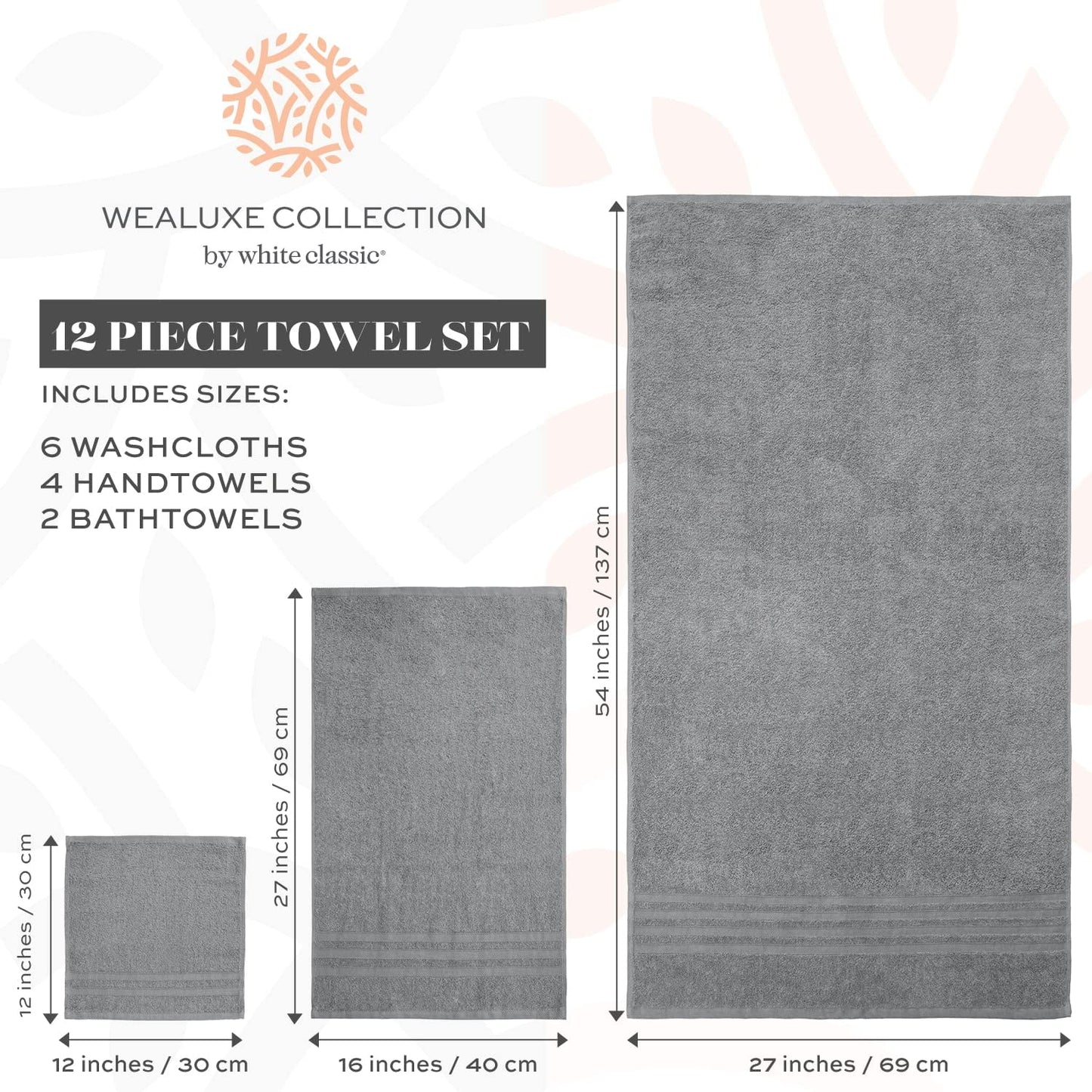 12 Piece Bath Towel Set for Bathroom - Wealuxe Collection 2 Bath Towels, 4 Hand Towels, 6 Washcloths 100% Cotton Soft and Plush Highly Absorbent, Soft Towel for Hotel & Spa - Light Gray