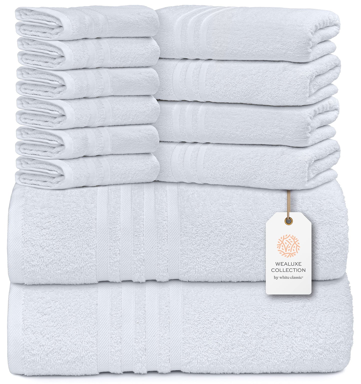 12 Piece Bath Towel Set for Bathroom - Wealuxe Collection 2 Bath Towels, 4 Hand Towels, 6 Washcloths 100% Cotton Soft and Plush Highly Absorbent, Soft Towel for Hotel & Spa - White