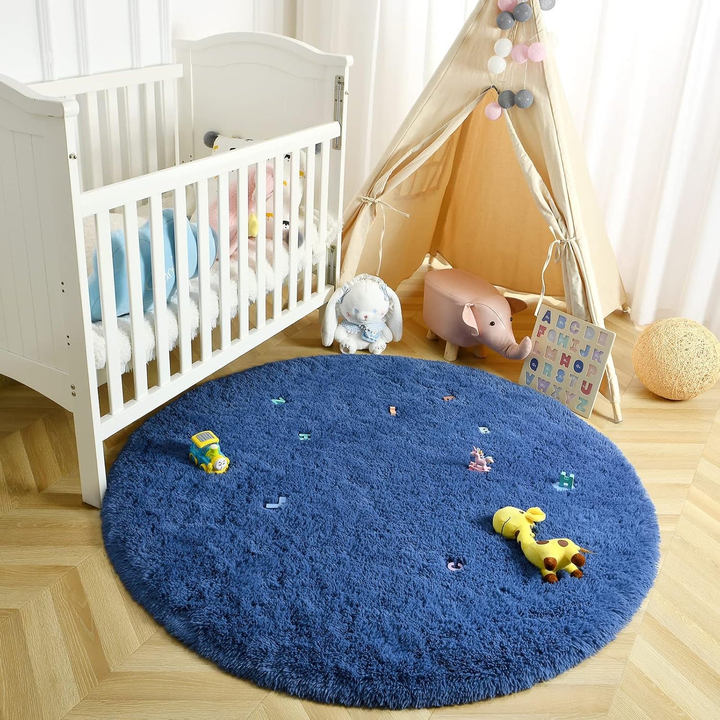 Luxury round Fluffy Area Rugs for Bedroom Kids Girls Room Nursery, Super Soft Circle Rug, Cute Shaggy Carpet for Children Living Room, 4X4 Feet Light Navy