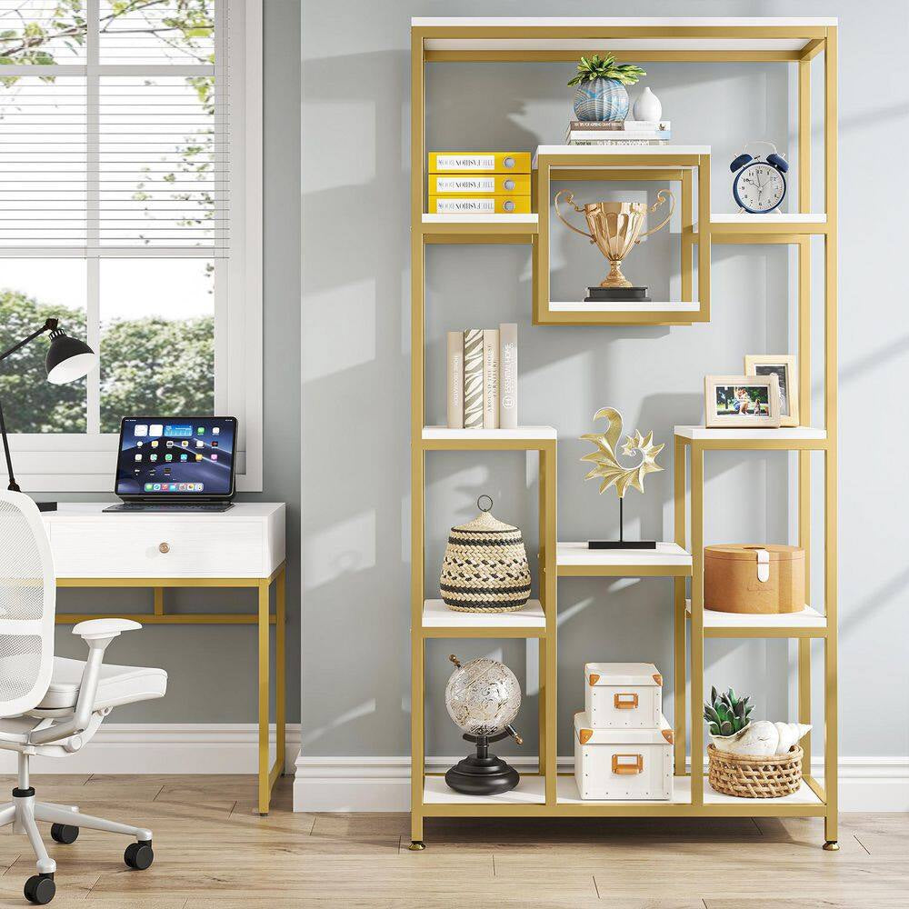 Frailey 71 In. Gold White Tall 11-Tier Large Open Display Bookshelf Geometric Cubed Bookcase Modern Storage Home Office