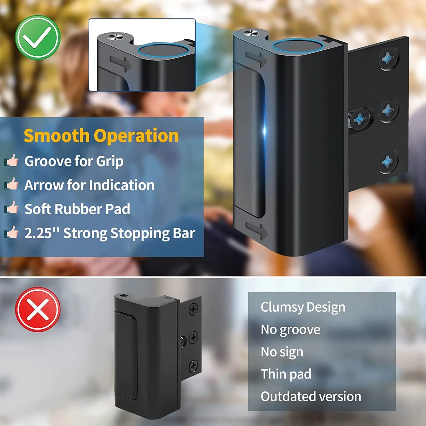 Home Security Door Lock Reinforcement Safety Latch Extra Front Doors Security Devices Withstand 800 Lbs, anti Door Kick in Security Protector for Door Inside, Child Proof Aluminum Door Locks