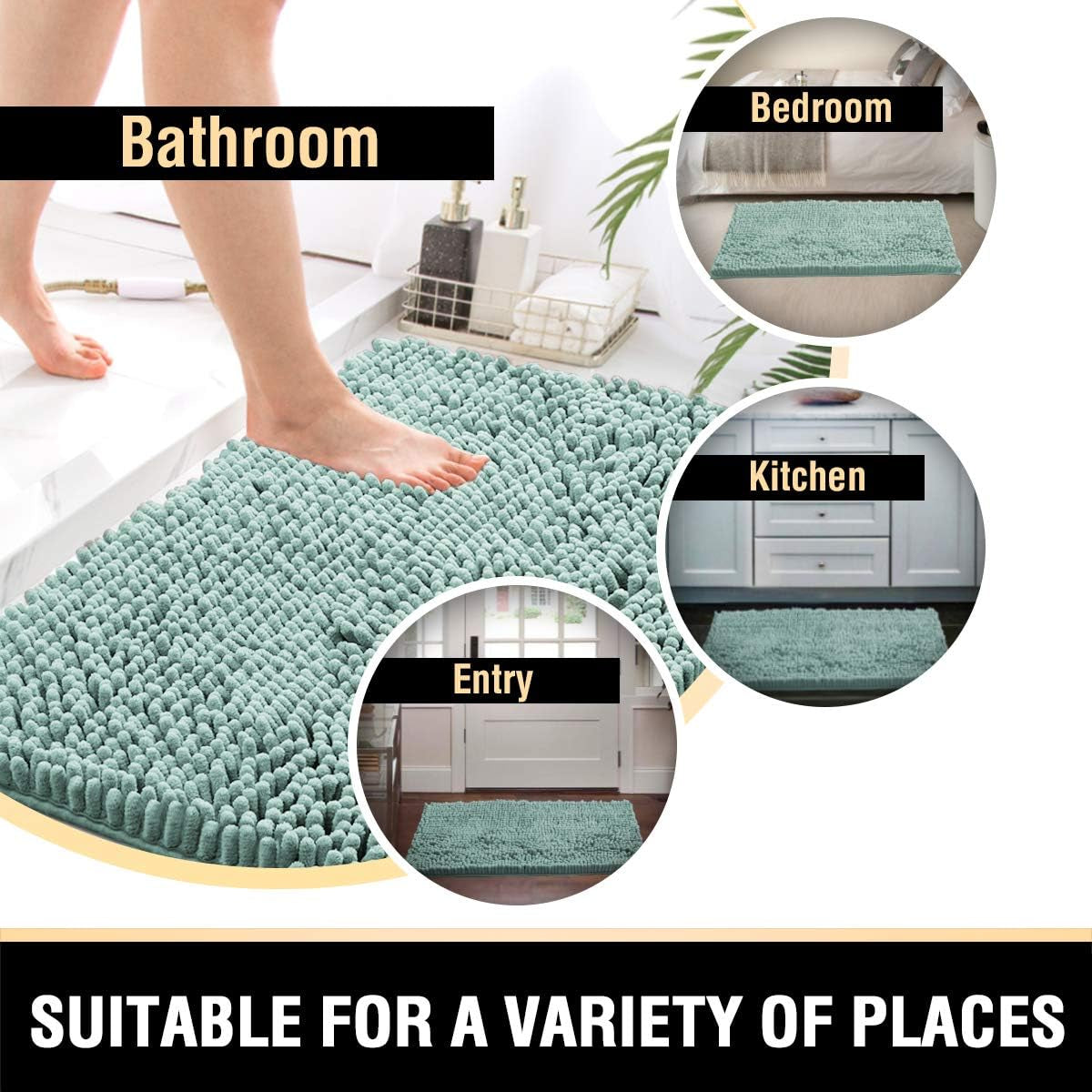 Bathroom Rugs Bath Mat Bath Rugs Bath Mats for Bathroom Non Slip Extra Thick Buncy Soft Chenille Bath Rug Fulffy Shag, Indoor Rug Carpet for Entry Living Room (Aqua Foam, 20" X 32")