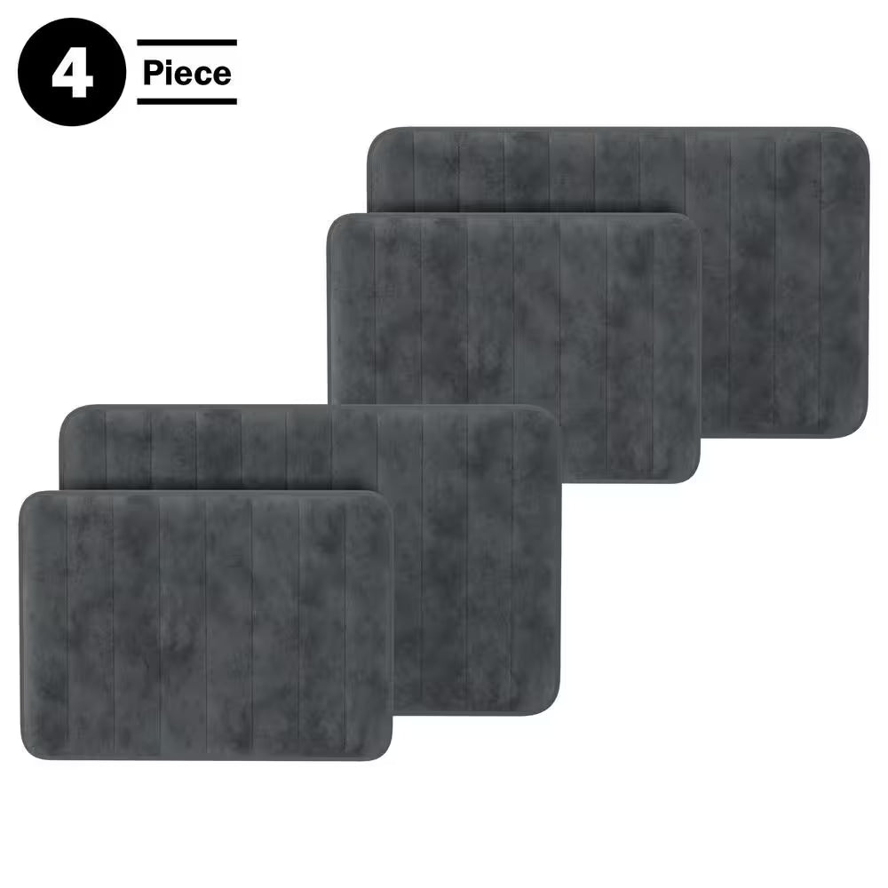 Gray 4-Piece Memory Foam Bathmats with Microfiber Top - Non-Slip Absorbent Rug Set