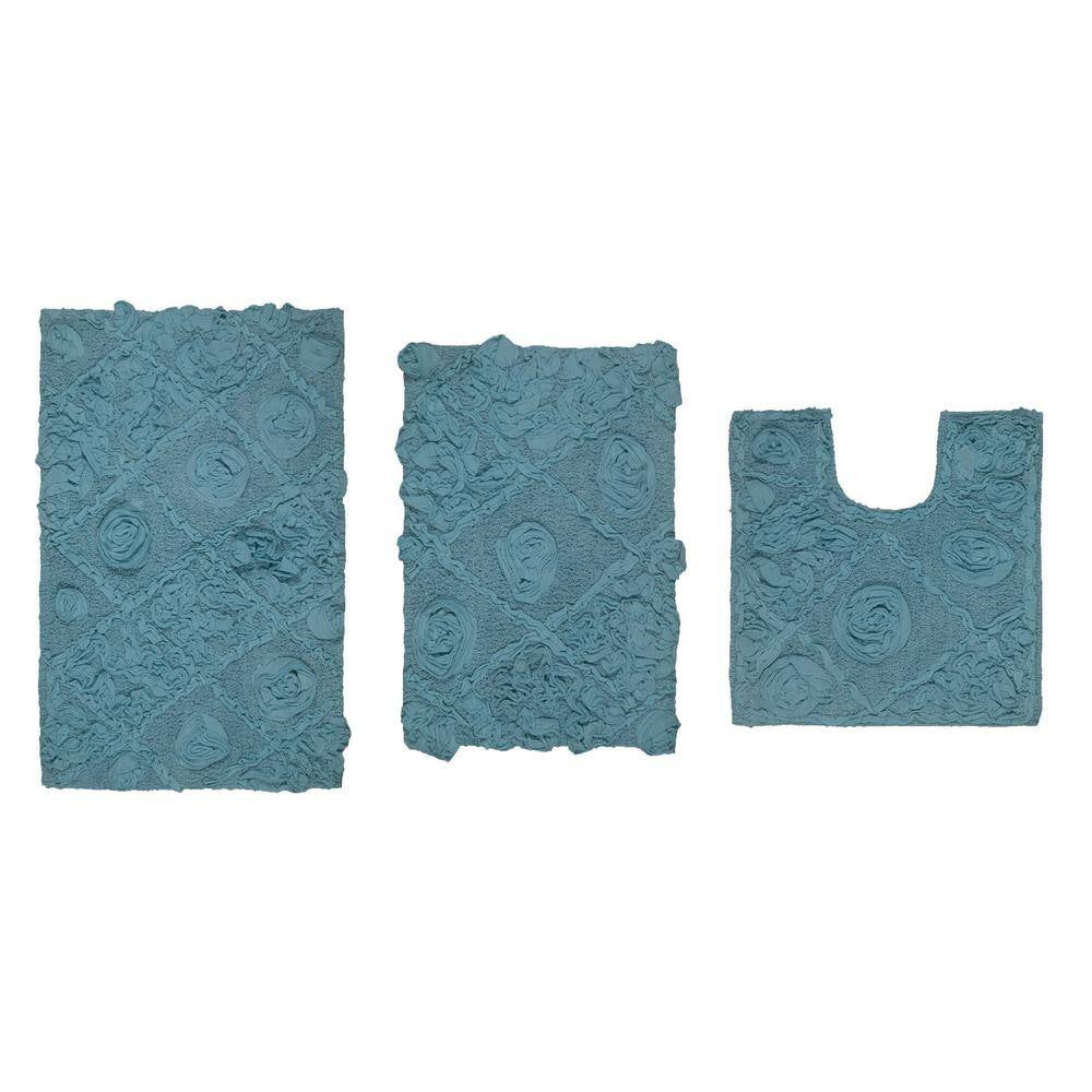 Modesto Bath Rug 100% Cotton Bath Rugs Set, 3-Pcs Set with Contour, Blue