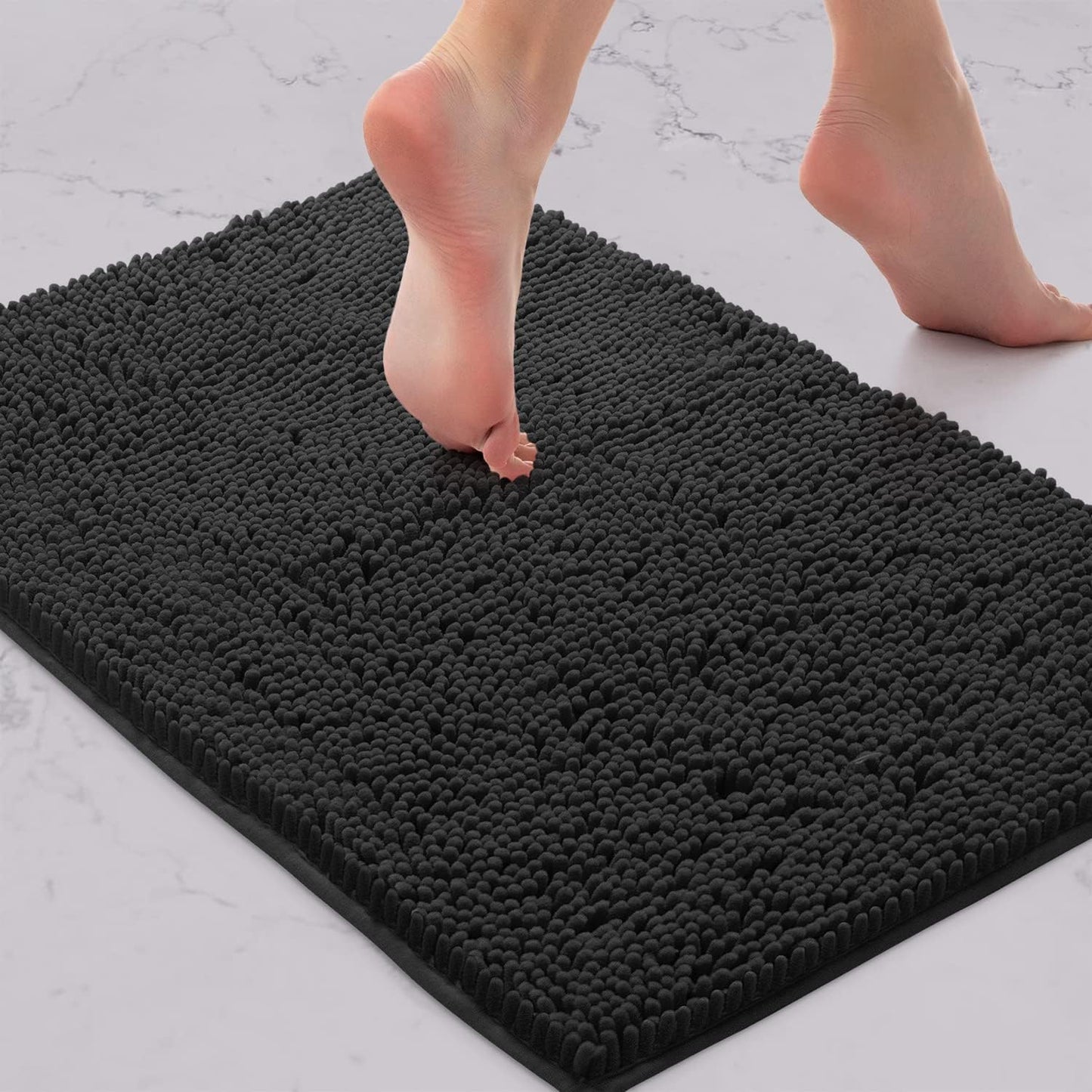 4-Piece Bathroom Rug Set - Soft Chenille Mats, Non-Slip Toilet Mat & Lid Cover for Comfort & Style (20X20 U, 16X24, 20X30 & 19X19 Inches, Black)