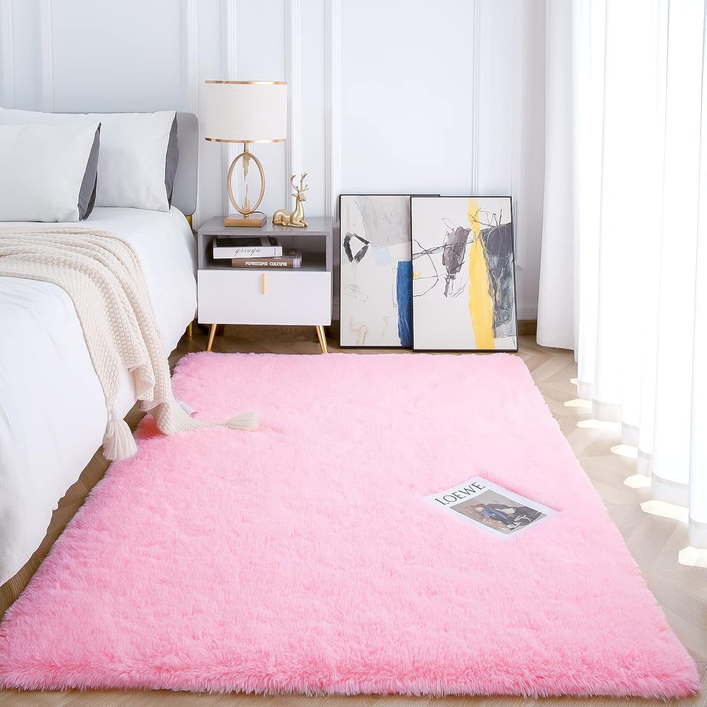 Fluffy Area Rugs for Bedroom, Soft Shaggy Rug for Living Room, Nursery Indoor Rugs Plush Floor Carpet Non-Slip Furry Play Mat for Kids Girls Room Modern Home Decor, 4 X 5.3 Feet Pink