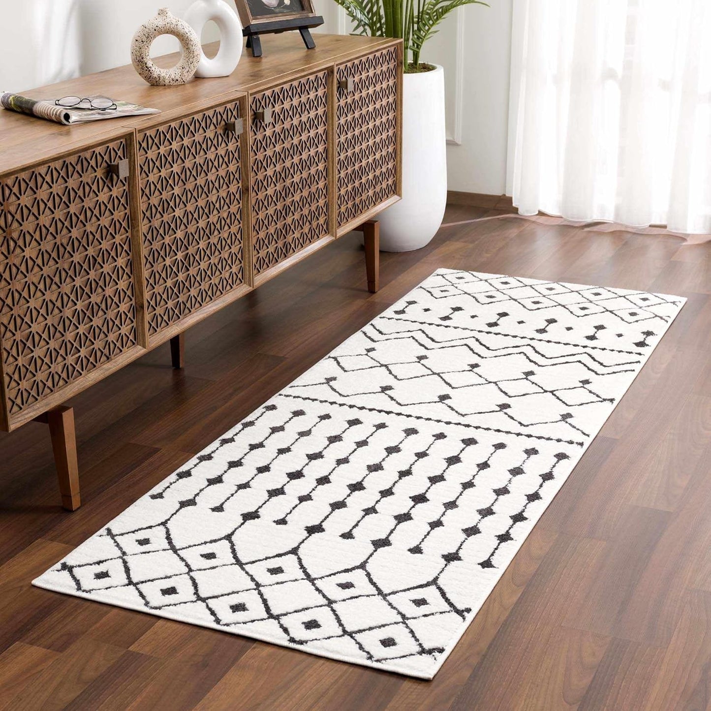 Ringwood Boho Moroccan Geometric Shag Area Rug for Living Room, Bedroom, Dining Room - Bohemian, Transitional - High Pile - Black and White, Charcoal - 8' 10" X 12'