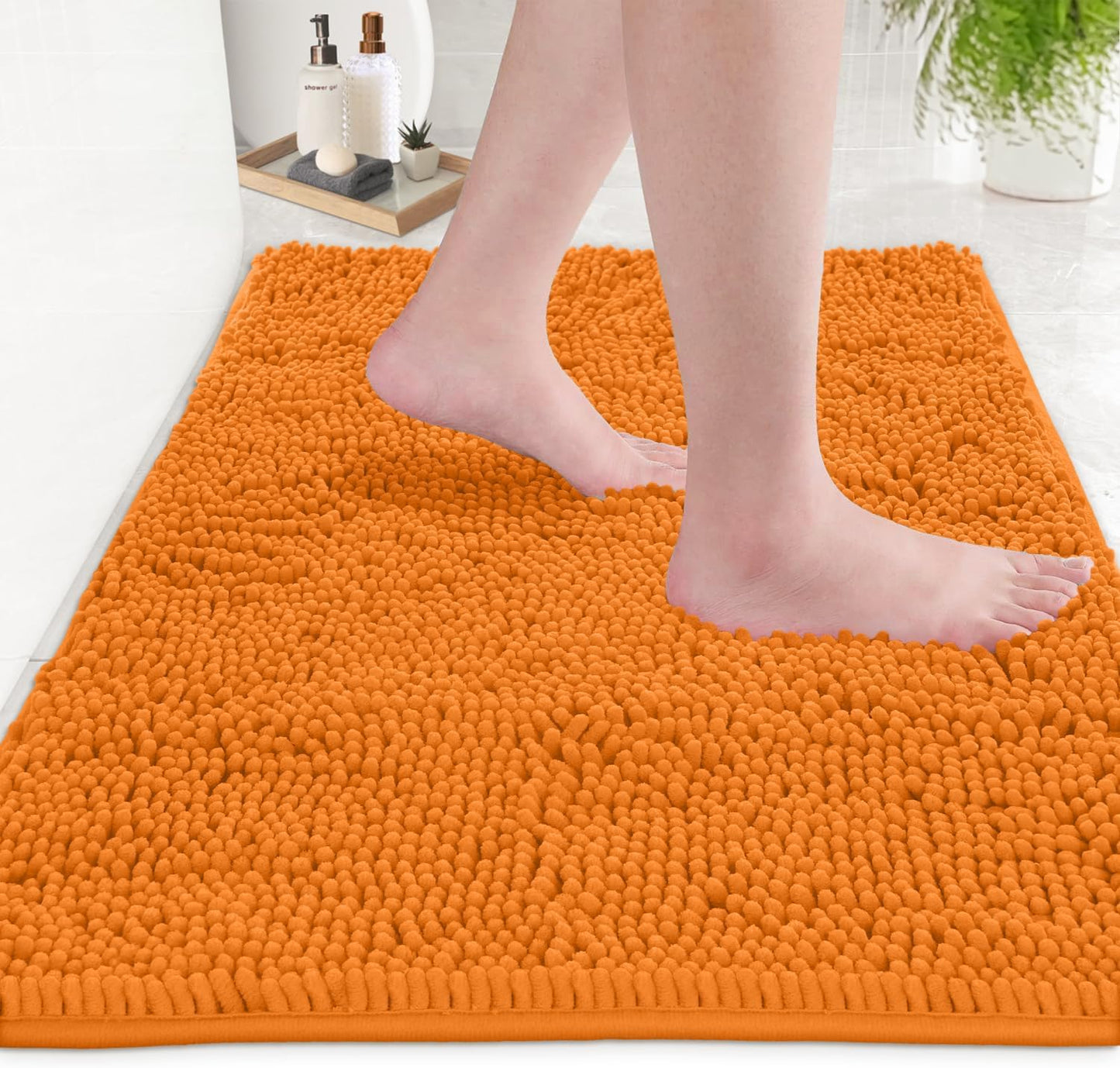 Orange Bathroom Rugs Chenille 2-Piece Bath Mat Set, Soft Plush Bath Rug +Toilet Mat.1'' Microfiber Shaggy Carpet, Super Absorbent Machine Washable - Square Curved Set (20”X 30” + 20”X20” U, Orange)