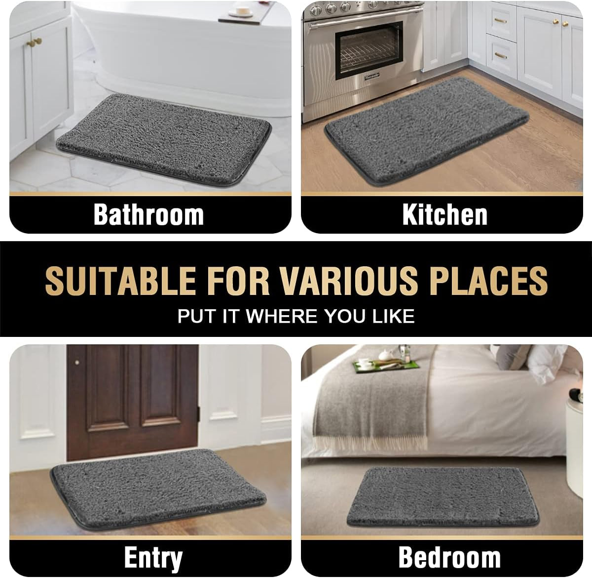 Bathroom Rug Tufted Bath Rug Bath Mat Non Slip Area Rug 20" X 32" Extra Soft Thick Absorbent Shaggy Kitchen Rug Indoor Mat Microfiber Bath Mat for Bathroom Fast Dry - Grey
