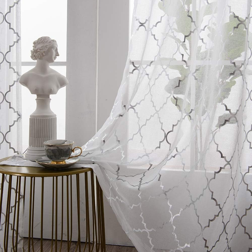 White and Silver Sheer Curtains 84 Inches Long Rod Pocket Moroccan Shiny Metallic Print Voile for Living Room 2 Panel W52 X L84 Inches