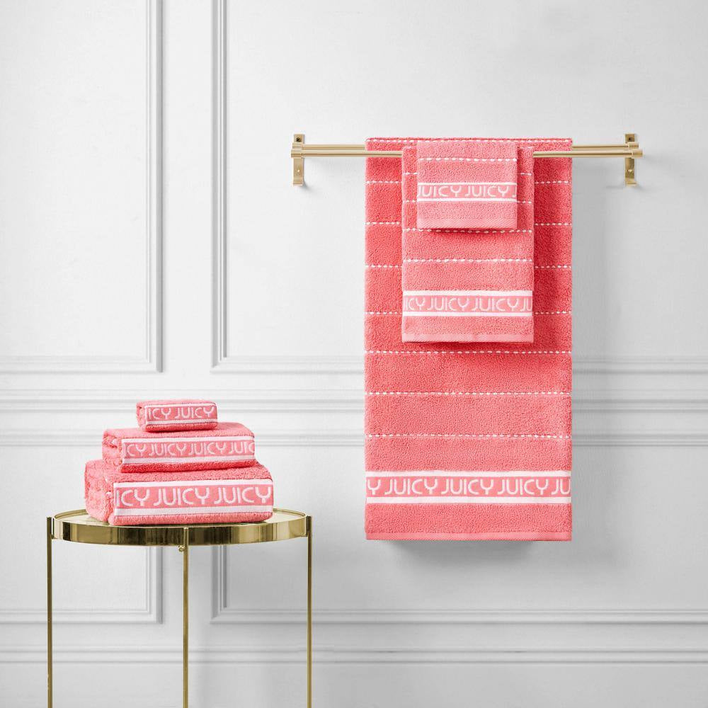 Luxurious Plush 6-Piece Pink Coral Striped 100% Cotton Bath Towel Set