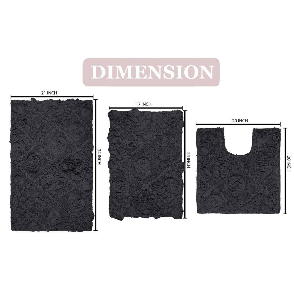 Modesto Bath Rug 100% Cotton Bath Rugs Set, 3-Pcs Set with Contour, Gray