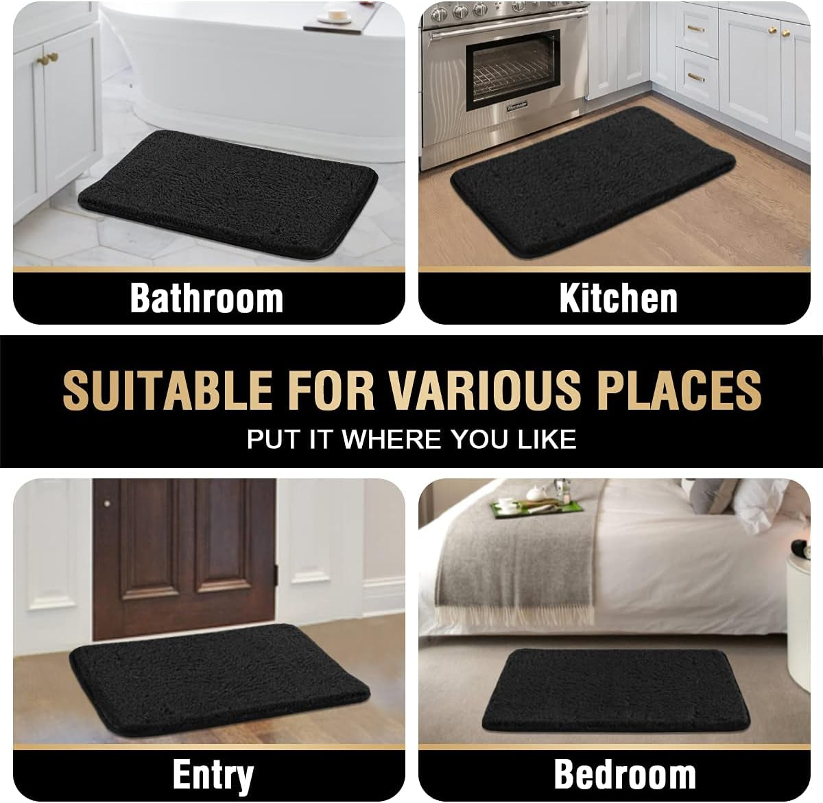 Bathroom Rug Tufted Bath Rug Bath Mat Non Slip Area Rug 17" X 24" Extra Soft Thick Absorbent Shaggy Kitchen Rug Indoor Mat Microfiber Bath Mat for Bathroom Fast Dry - Black
