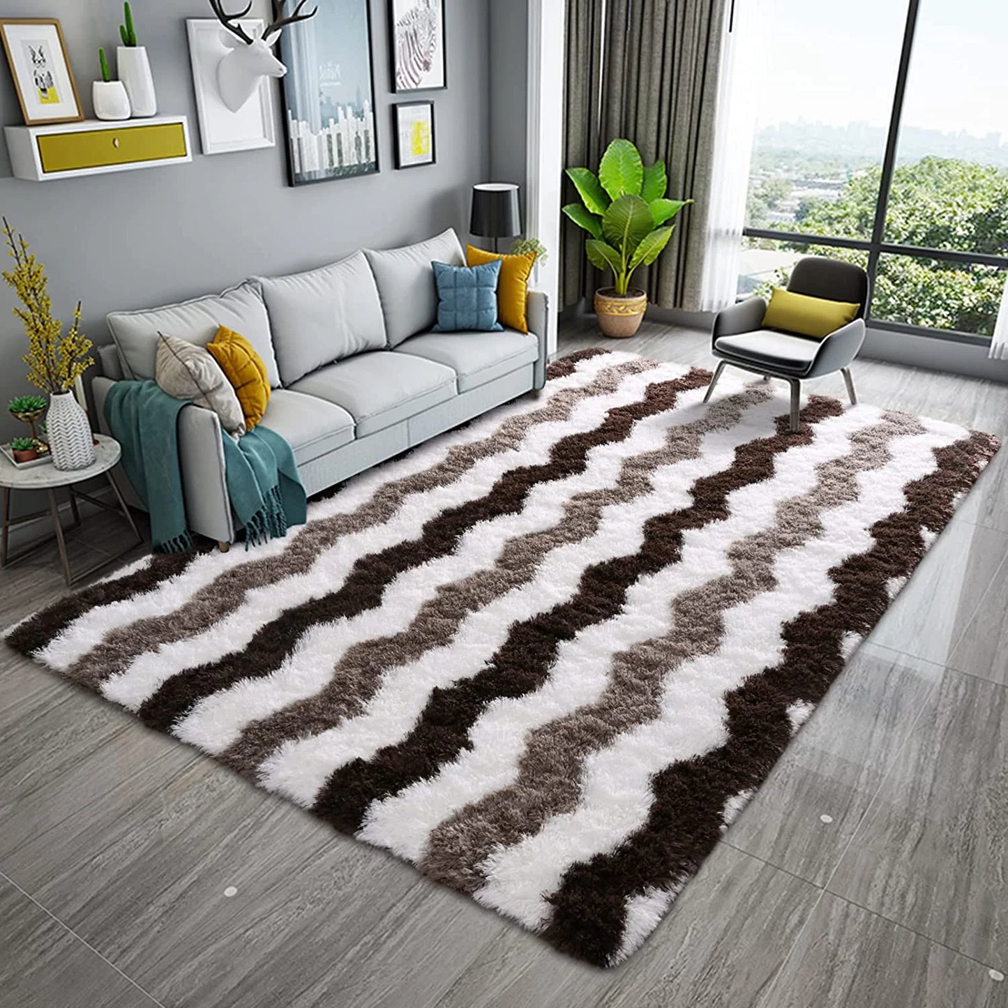 Soft Shaggy Rugs Plush Area Rugs for Living Room Bedroom Fluffy Carpets Home Decor,4X6Ft,Stripe Brown