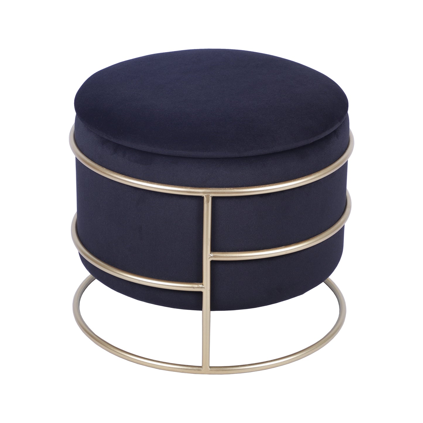 Elegant Velvet round Ottoman with Gold Frame and Storage, Black