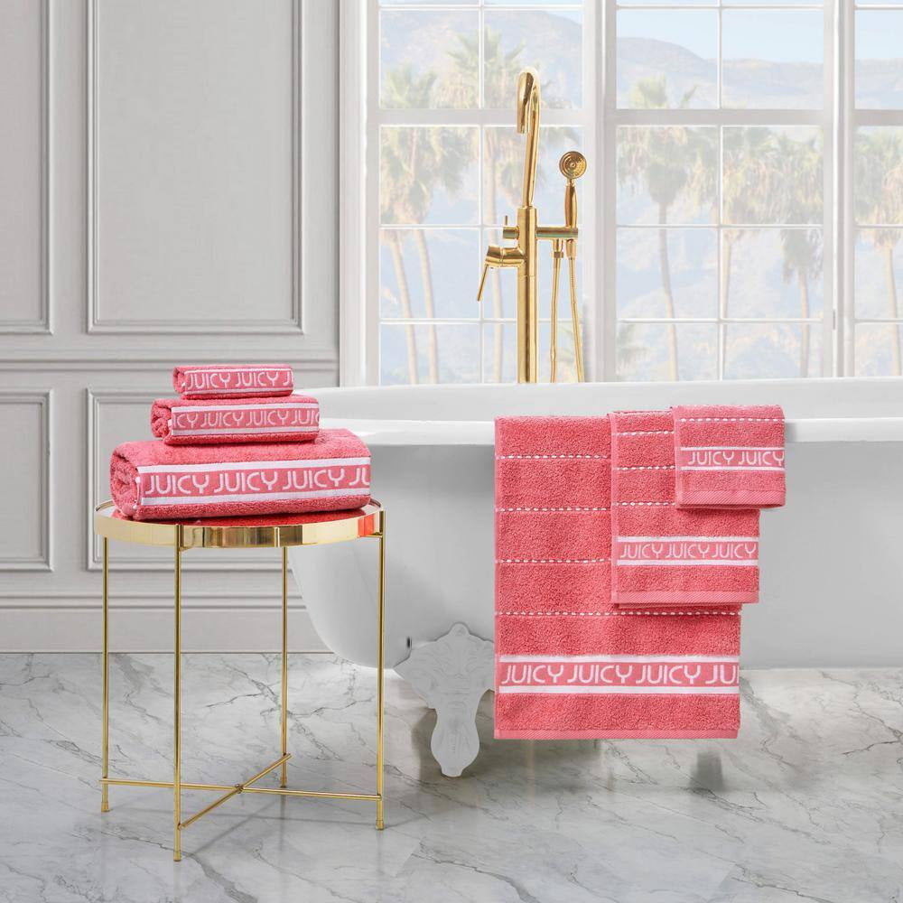 Luxurious Plush 6-Piece Pink Coral Striped 100% Cotton Bath Towel Set