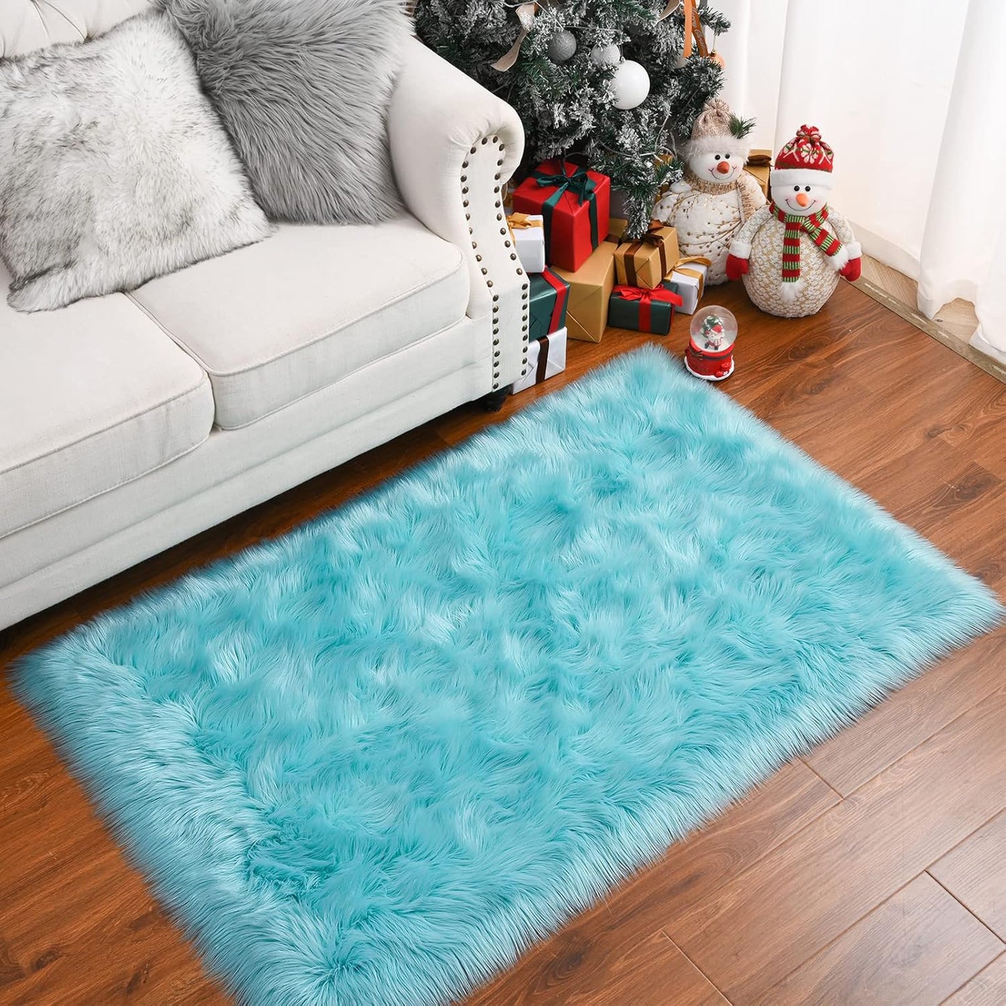 Fluffy Faux Fur Sheepskin Rugs Luxurious Wool Area Rug for Kids Room Bedroom Bedside Living Room Office Home Decor Carpet (3Ft X 5Ft, Light Blue)