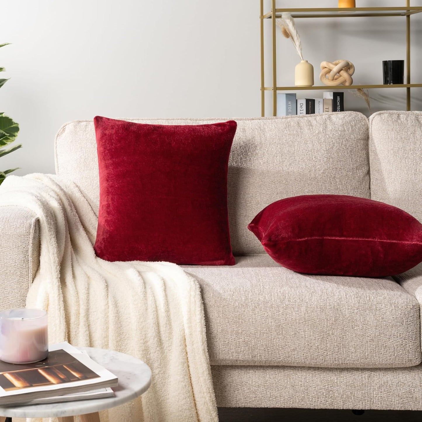 Maroon Red Throw Pillow Covers 20X20 Set of 2, Decorative Pillow Cases for Bed Sofa Couch, Boho Aesthetic Accent Decor Cushion Bedroom Living Room, Velvet Square Euro Sham Covers, Burgundy Red