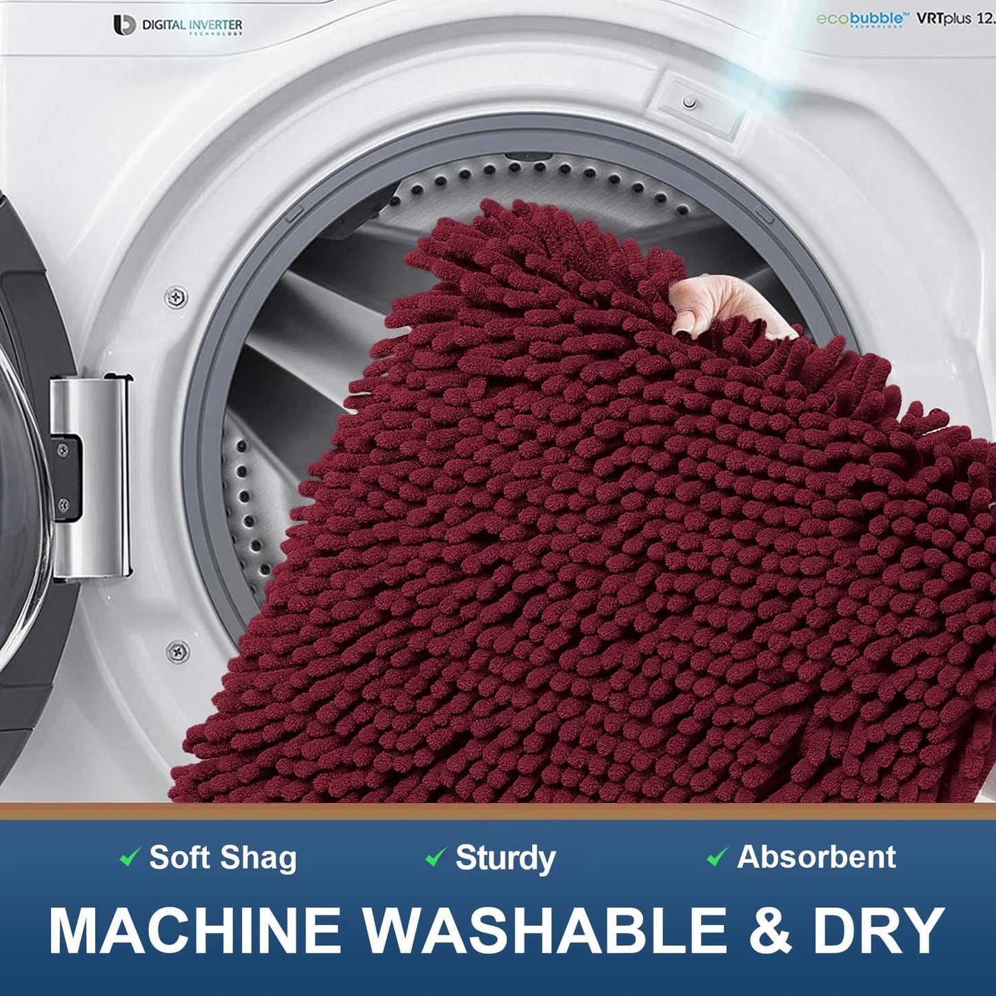 Luxury Chenille Bathroom Rugs, Extra Soft and Absorbent Bath Mat, Wine Red, 16"X24"